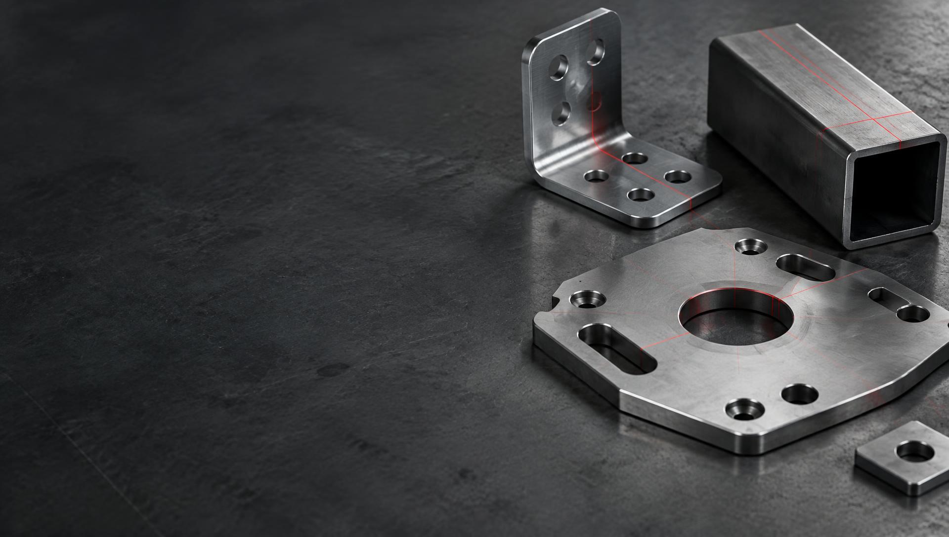 Precision-cut sheet metal, a formed bracket and a tubular profile with projected geometry lines